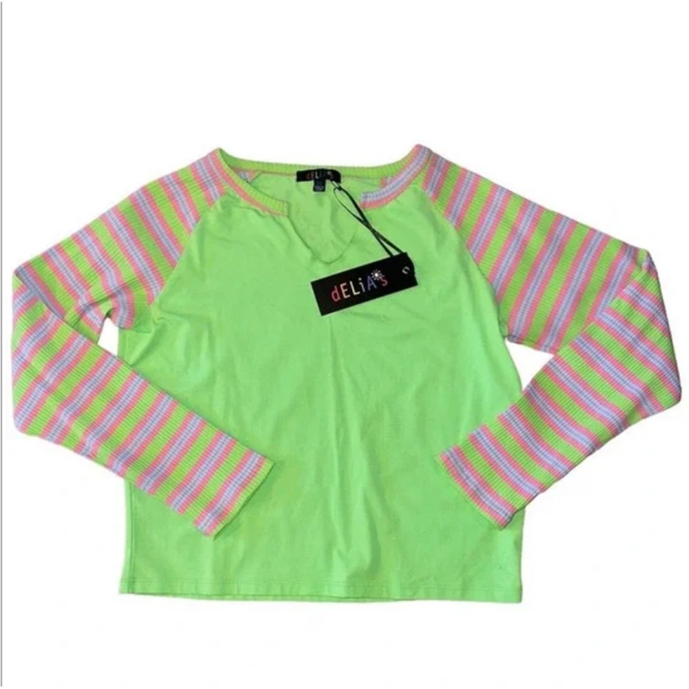 NWT Delia’s Long Sleeve Lime Green Striped Cropped T-Shirt XL